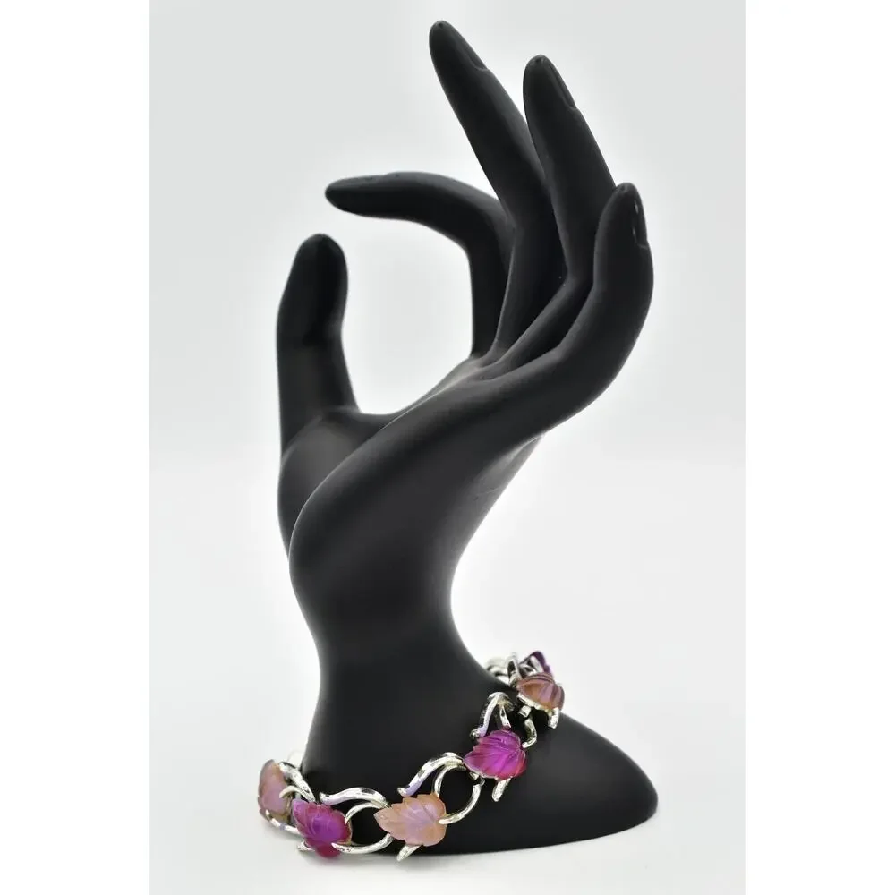 Star Vintage Choker Bracelet Purple Lucite Leaf Silver Chunky Signed 1940s BinAW